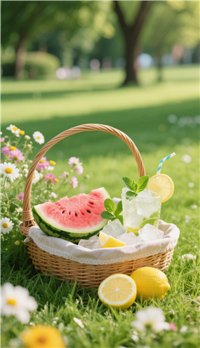 公园绿色草地冰镇柠檬西瓜摄影图片